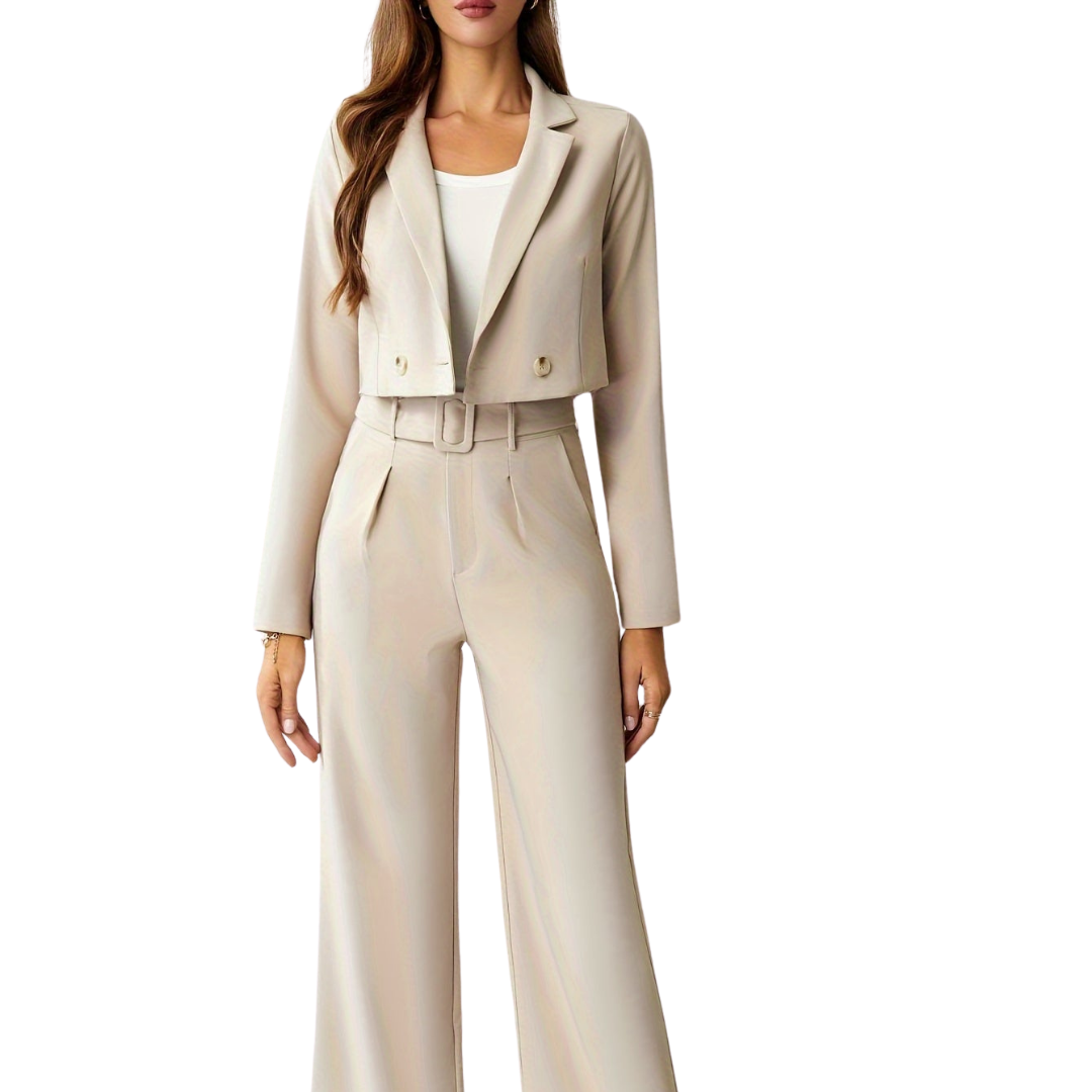 Alina Blazer and Trousers Set | Elegant Beige Lapel Blazer & Straight Leg Trousers