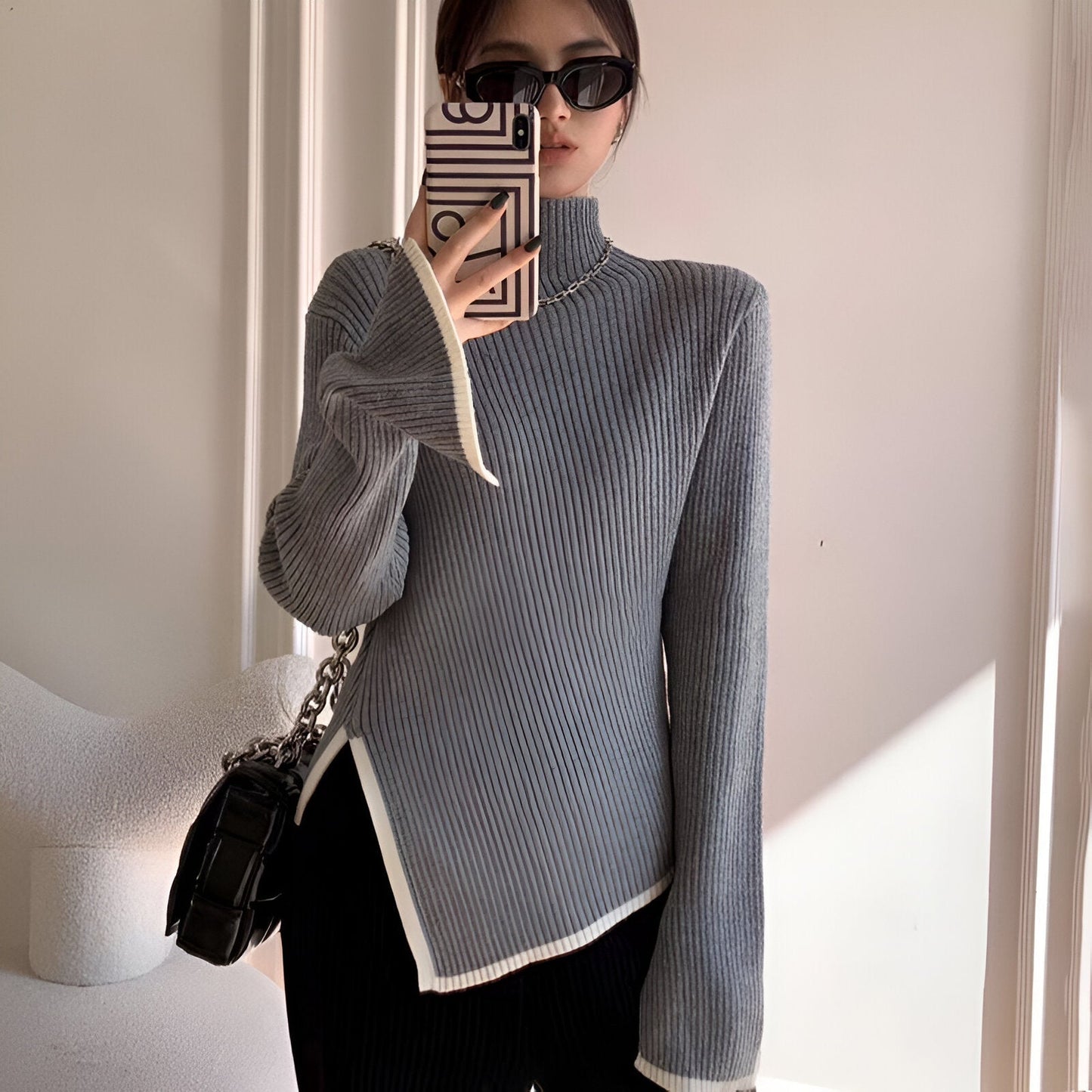 Kiara Sweater | Women's Ribbed Turtleneck with Flared Sleeves