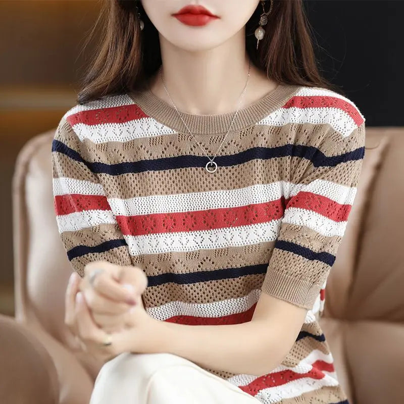 Ihsan Sweater | Striped Short-Sleeve Knit Top