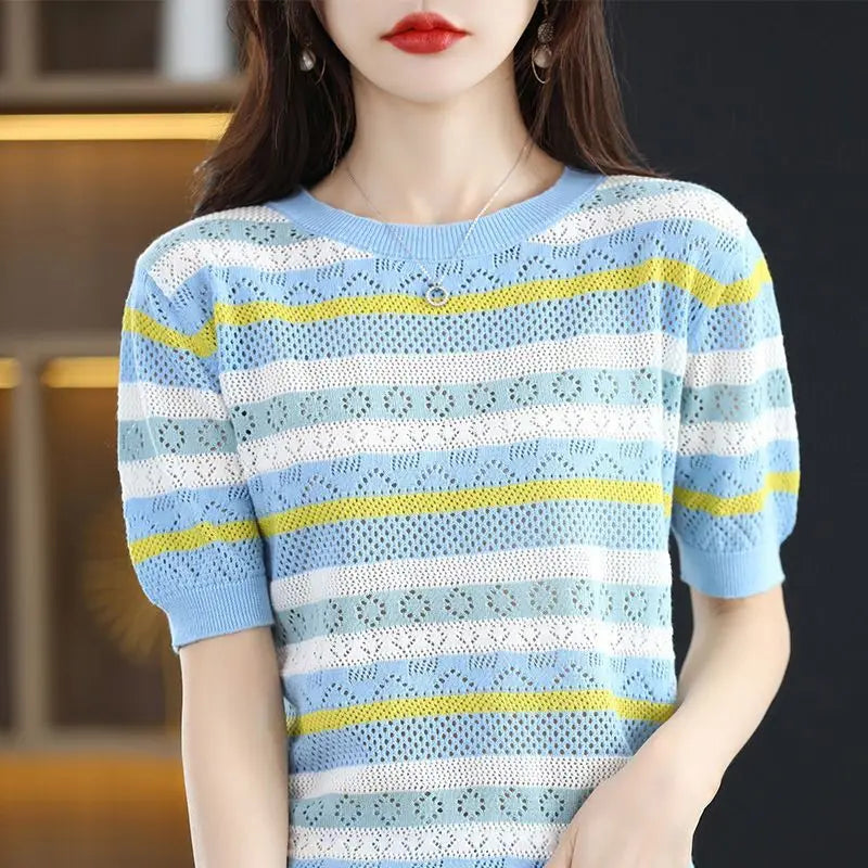 Ihsan Sweater | Striped Short-Sleeve Knit Top