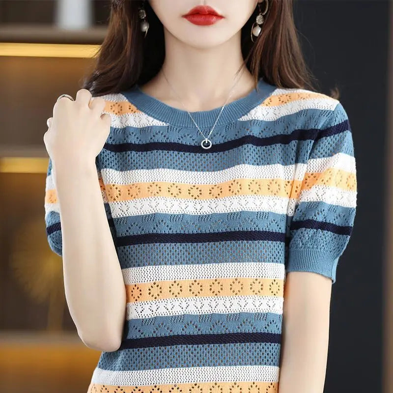 Ihsan Sweater | Striped Short-Sleeve Knit Top