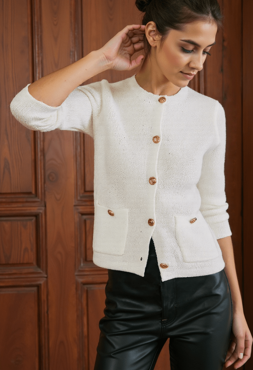 Raine Cardigan | Women's Autumn White Knitted Cardigan with Metal Buttons