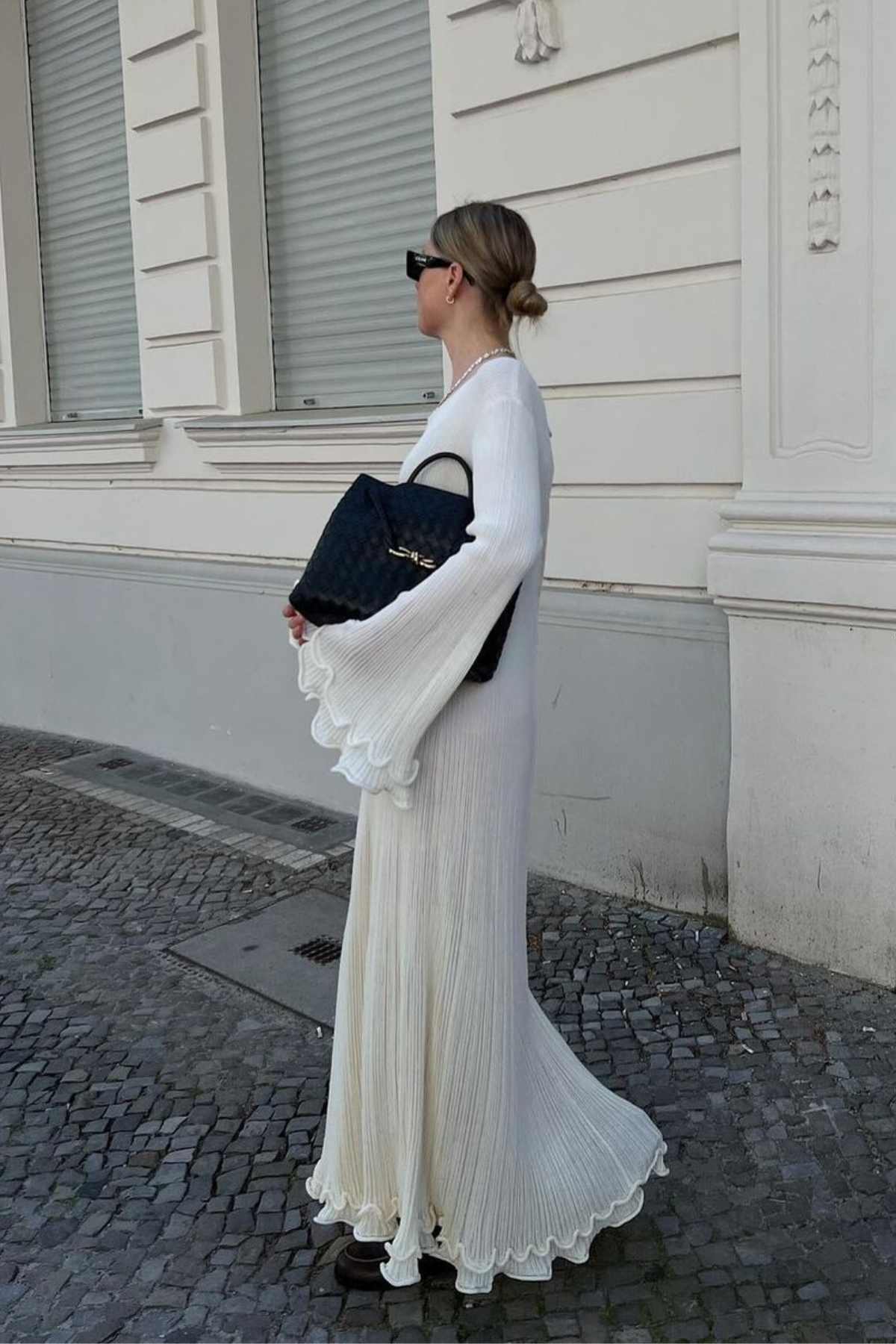 Binae Midi Dress | Marla – Women’s Ribbed Knit Dress with Open Back and Trumpet Sleeves