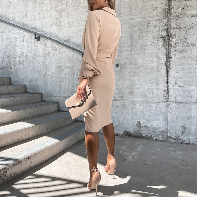 Drelyn Dress | Long Sleeve Wrap Midi Dress with Side Slit and Elegant Collar