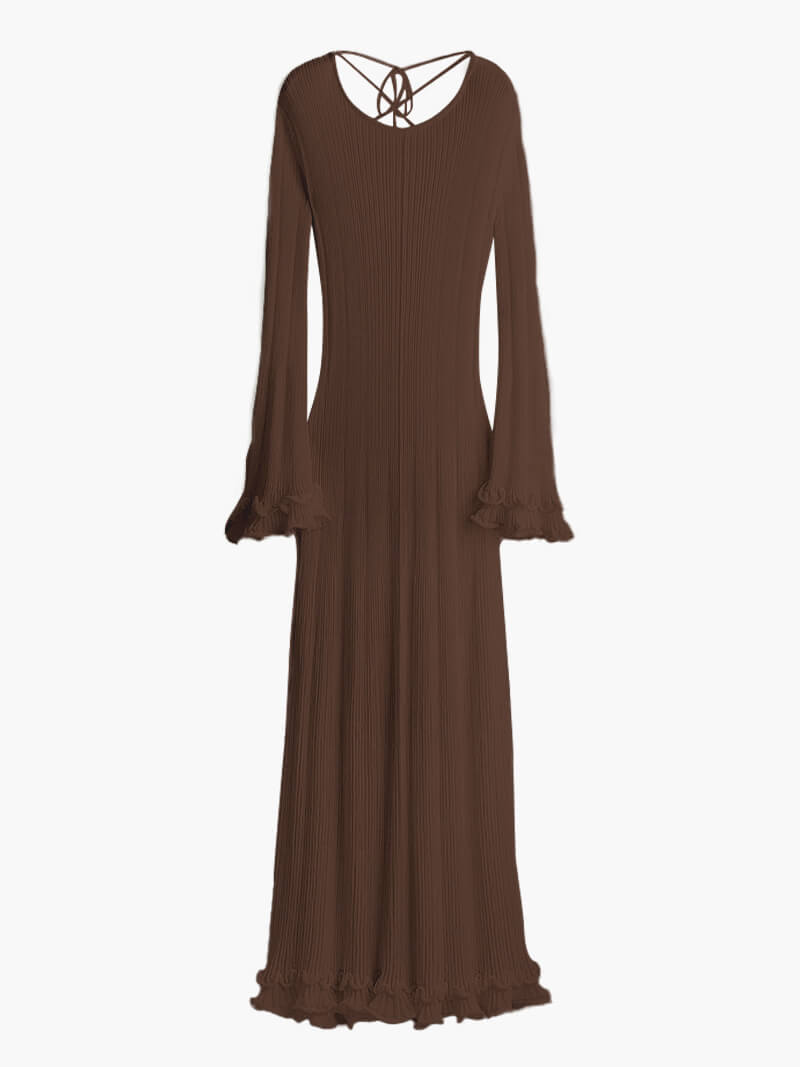 Binae Midi Dress | Marla – Women’s Ribbed Knit Dress with Open Back and Trumpet Sleeves