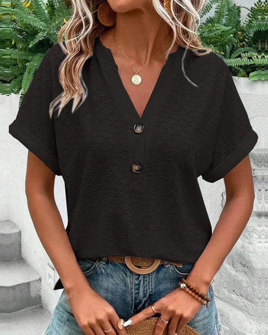 Firin Blouse | Women’s Short-Sleeve V-Neck Blouse with Button Front and Rolled Sleeves
