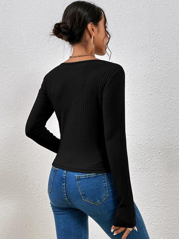 Presley Top | Women's Autumn Ribbed Long Sleeve Top with Crisscross Detail