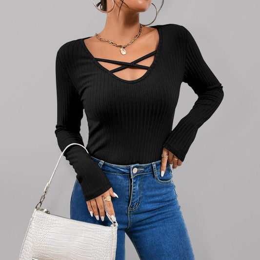 Presley Top | Women's Autumn Ribbed Long Sleeve Top with Crisscross Detail