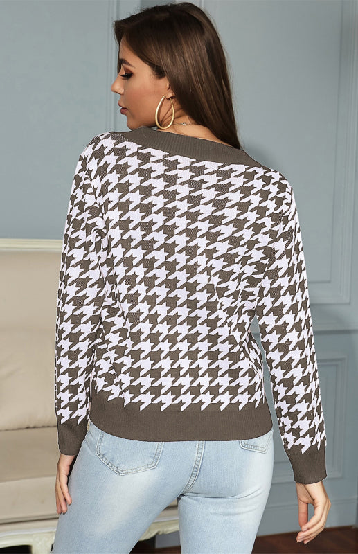 Pauleen Jumper | Women's Autumn Deep V-Neck Dogtooth Print Jumper