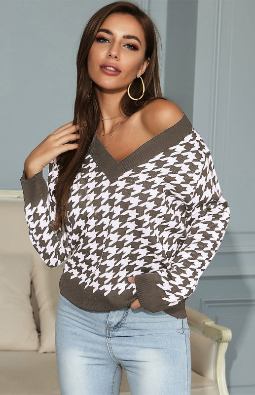 Pauleen Jumper | Women's Autumn Deep V-Neck Dogtooth Print Jumper