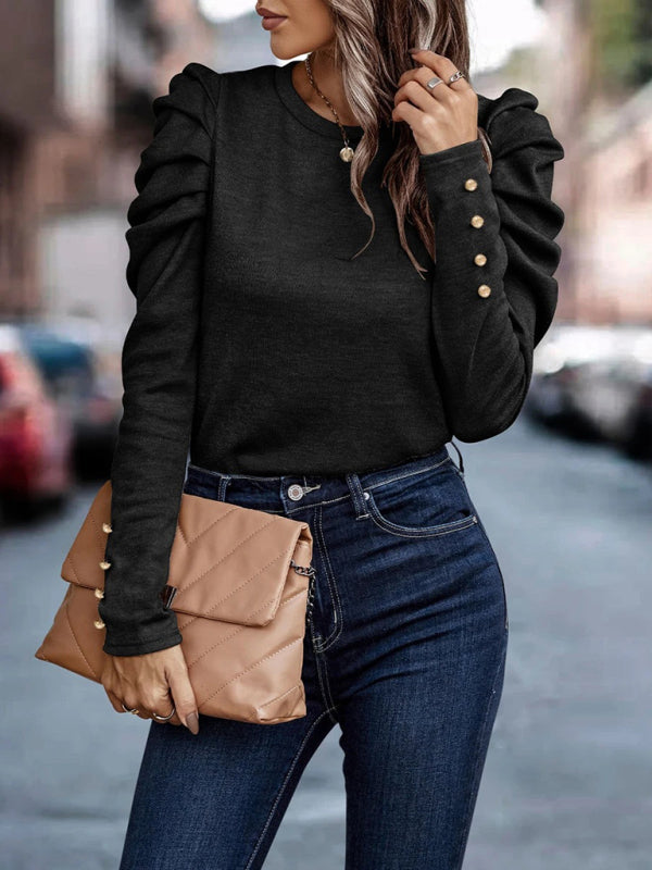 Premila Top | Women's Autumn Fitted Round Neck Top with Long Ruffle Sleeves