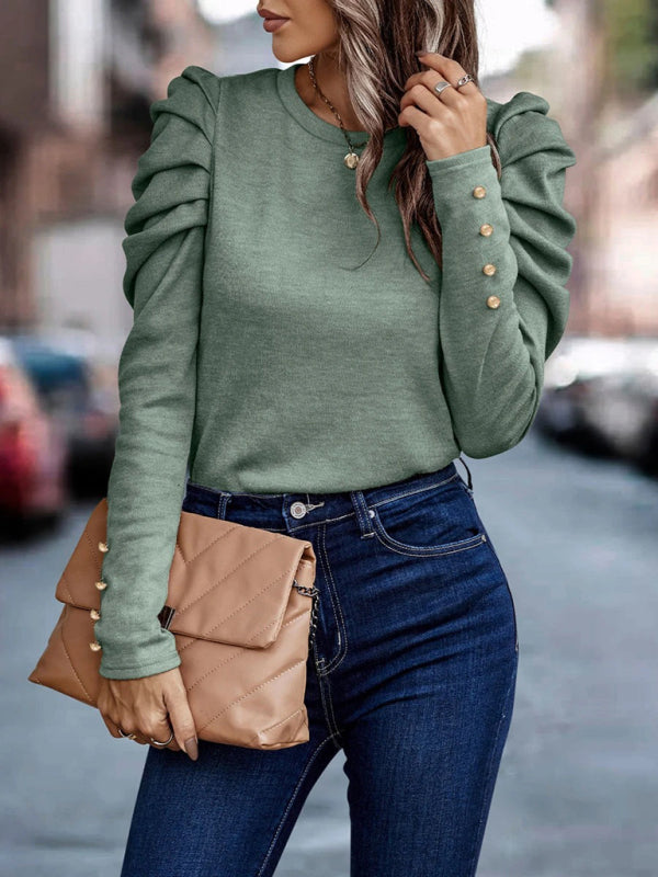 Premila Top | Women's Autumn Fitted Round Neck Top with Long Ruffle Sleeves