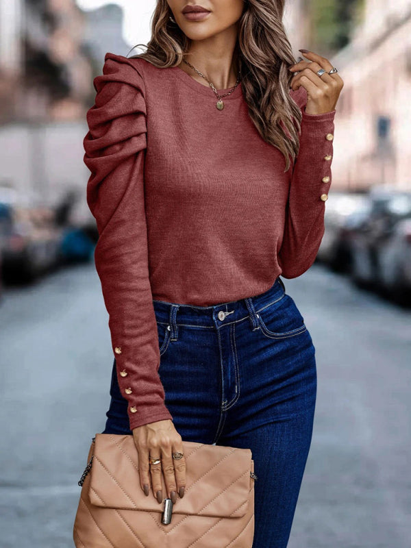 Premila Top | Women's Autumn Fitted Round Neck Top with Long Ruffle Sleeves