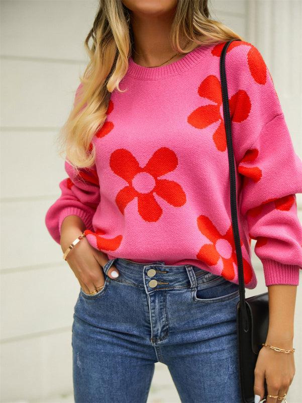 Pennie Jumper | Women's Autumn Floral Print Loose Fit Round Neck Jumper