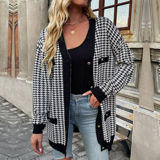 Penelope Cardigan | Women's Autumn Mid Length Dogtooth Button Front Cardigan