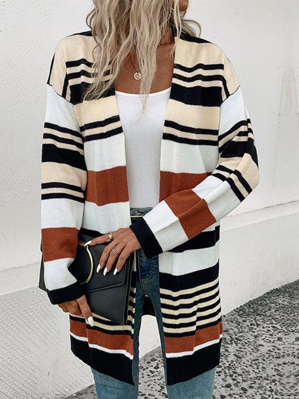 Pamela Cardigan | Women's Autumn Stripe Colour Block Mid-Length Cardigan