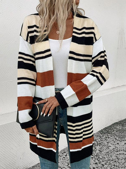 Pamela Cardigan | Women's Autumn Stripe Colour Block Mid-Length Cardigan