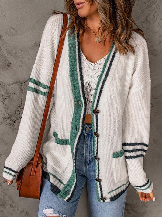 Pearl Cardigan | Women's Autumn Stripe Edge Cable Knit V-Neck Cardigan with Pockets