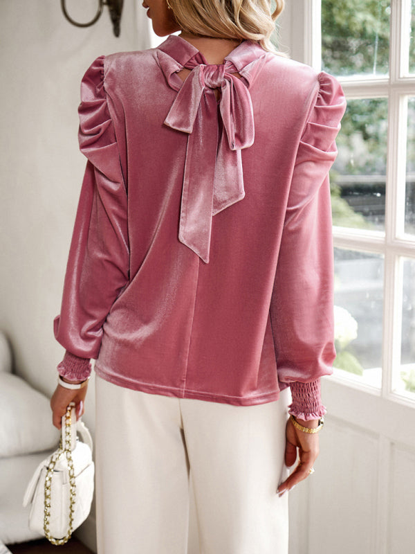 Polly Top | Women’s Autumn Velvet Turtleneck Bow Puff Sleeve Top