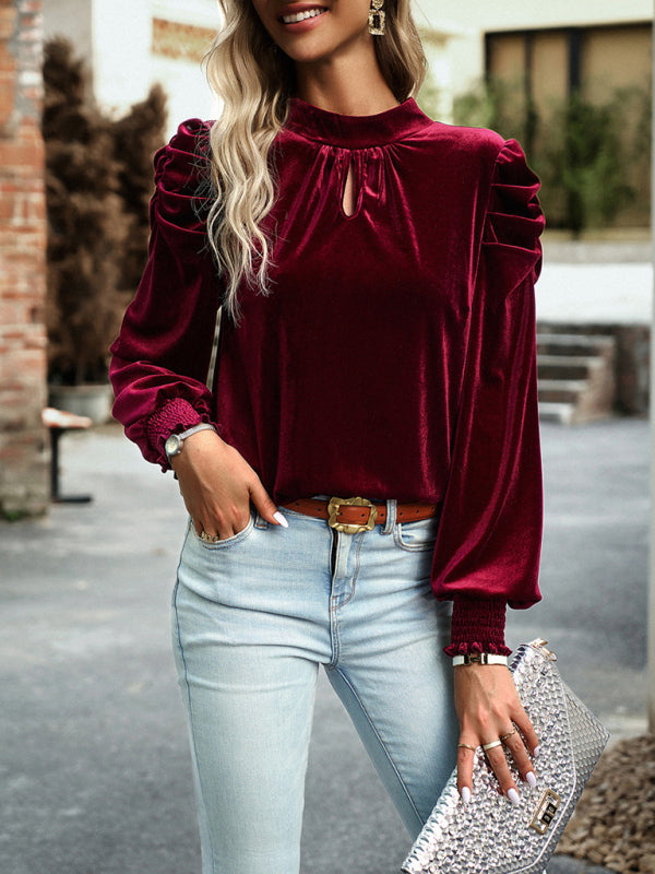 Polly Top | Women’s Autumn Velvet Turtleneck Bow Puff Sleeve Top