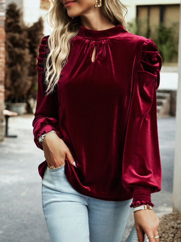 Polly Top | Women’s Autumn Velvet Turtleneck Bow Puff Sleeve Top