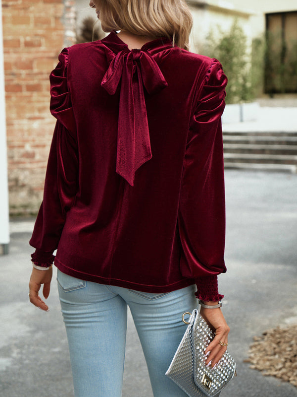 Polly Top | Women’s Autumn Velvet Turtleneck Bow Puff Sleeve Top