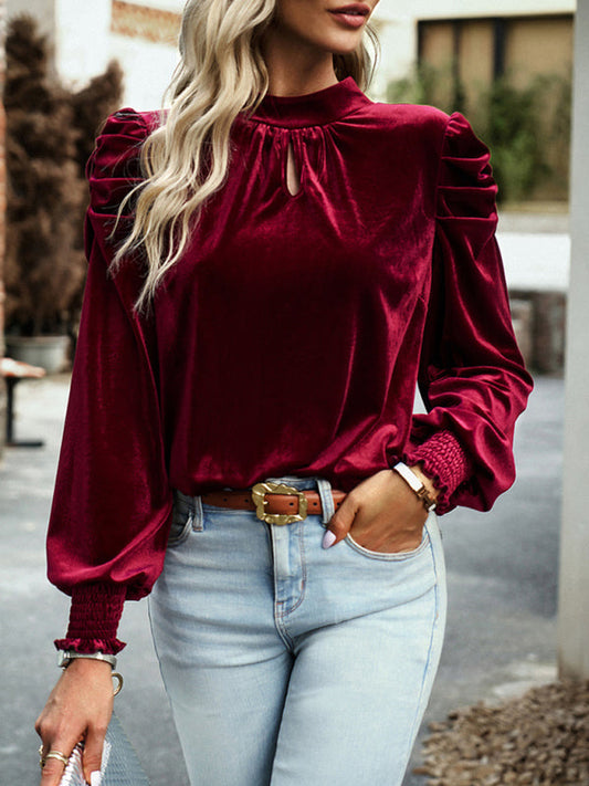 Polly Top | Women’s Autumn Velvet Turtleneck Bow Puff Sleeve Top