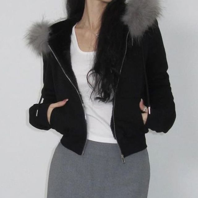 Helena Jacket | Furry-Trim Hooded Zip-Up Coat