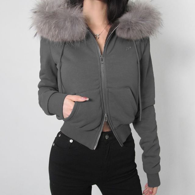 Helena Jacket | Furry-Trim Hooded Zip-Up Coat