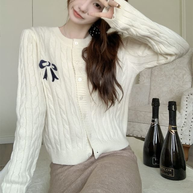 Helena Bow Embroidered Cable-Knit Cardigan | Cozy & Feminine Style