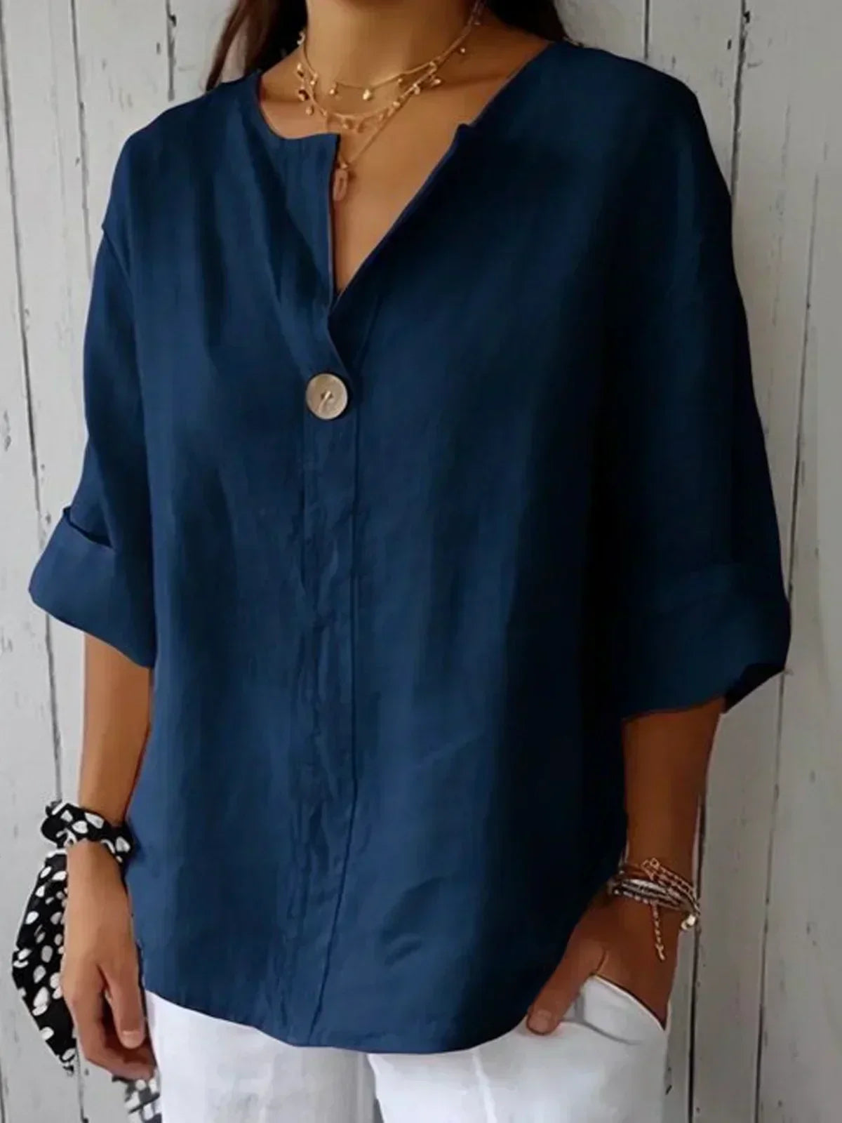 Elenya Blouse | Lightweight Linen-Look Blouse with V-Neck and Single Button Detail
