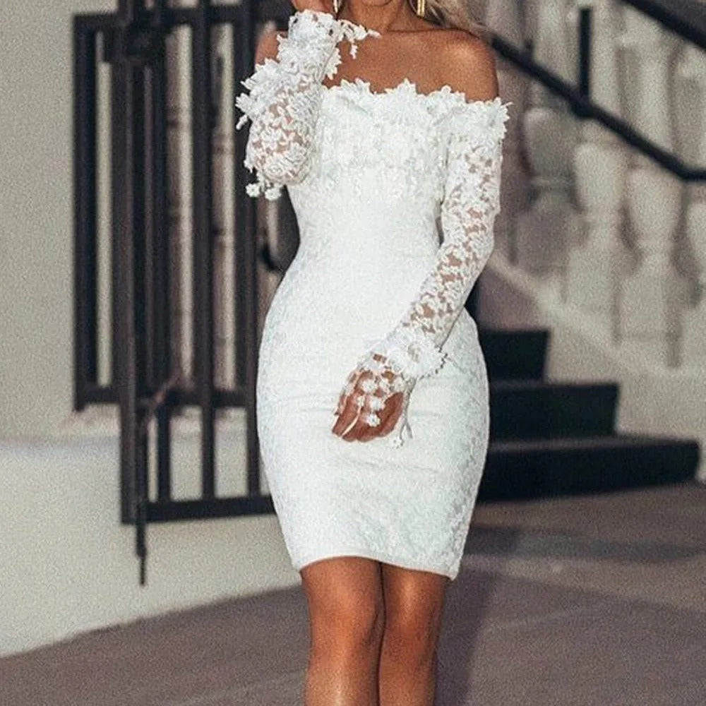Cireyne Bodycon Dress | White Off-Shoulder Lace Dress with Long Sleeves for Women