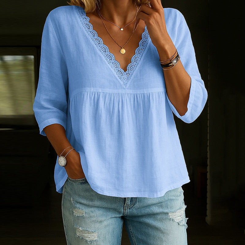 Qila Blouse | Women's Autumn 3/4 Sleeve V-Neck Lace Trim Blouse