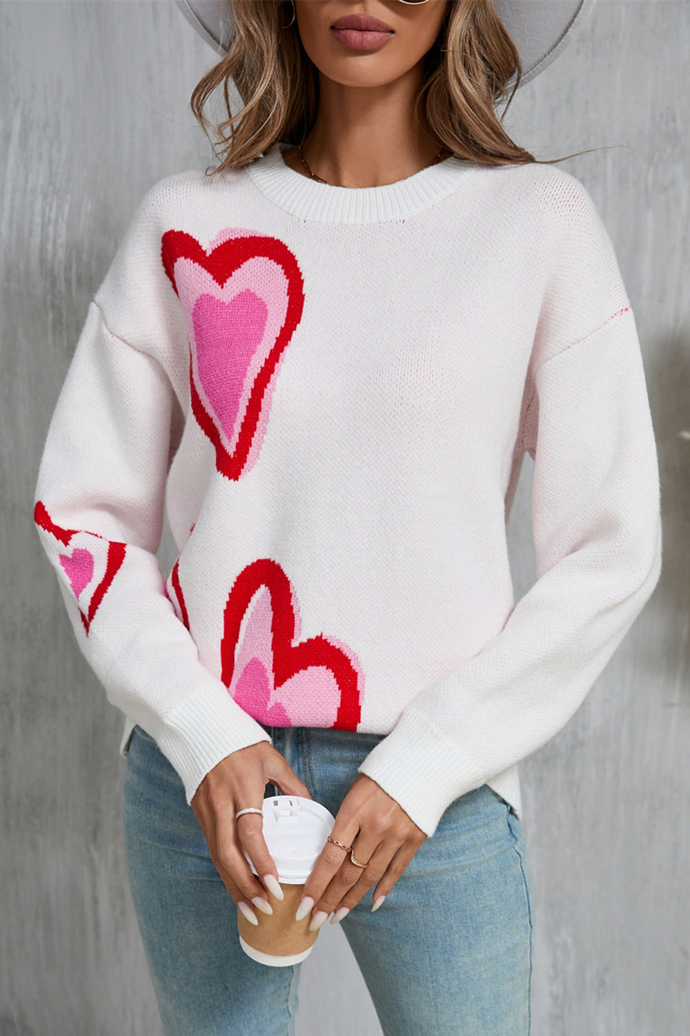 Fayruz Sweater | Heart Print Round Neck Sweater