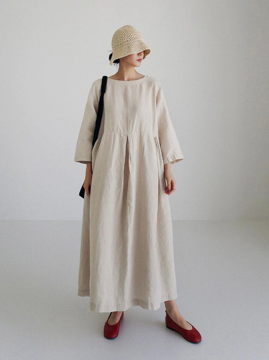 Dovena Dress | Loose-Fit Linen Maxi Dress with Long Sleeves and Minimalist Pleated Design