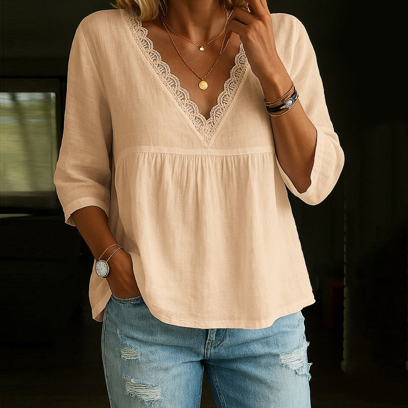 Qila Blouse | Women's Autumn 3/4 Sleeve V-Neck Lace Trim Blouse