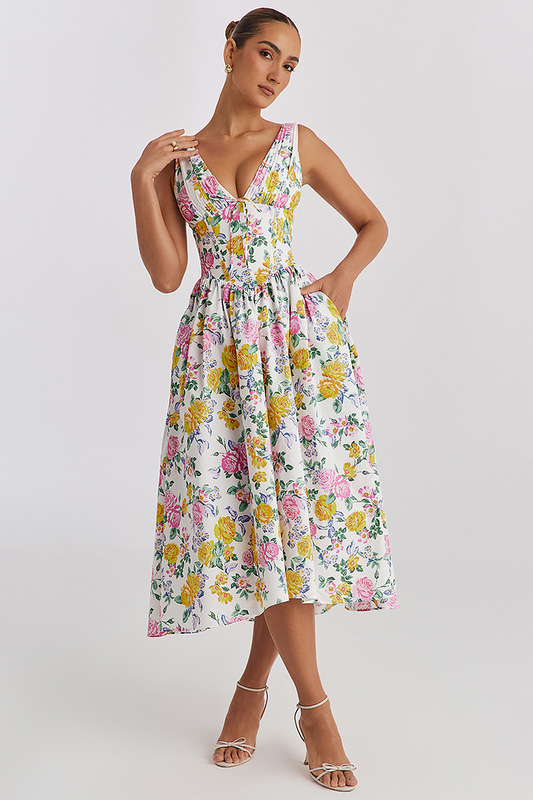Cindora Midi Dress | Sleeveless Floral V-Neck Summer Dress with Pockets