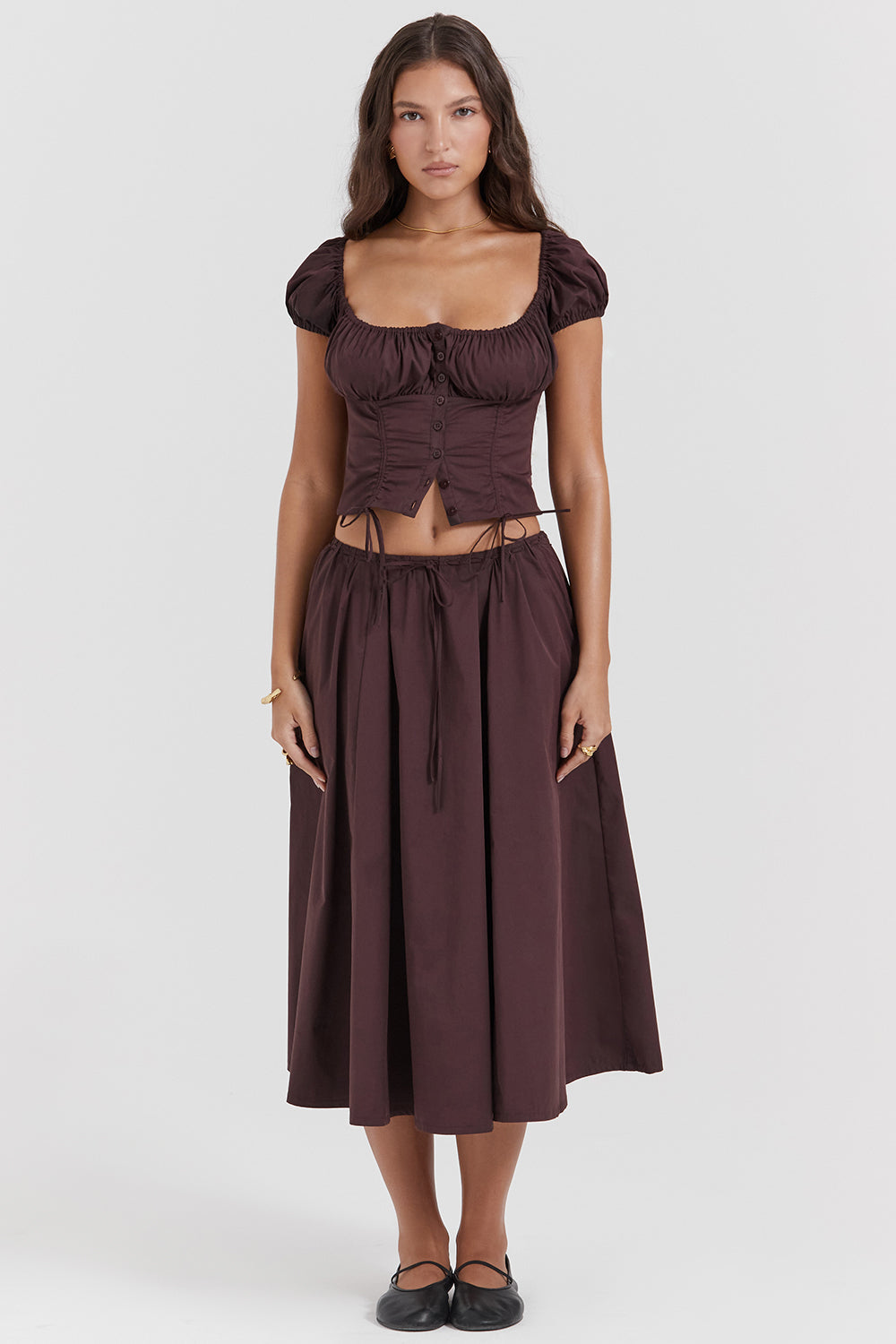 Bayla Two-Piece Set | Women’s Rich Brown Ruffle Top and Midi Skirt with Feminine Flow