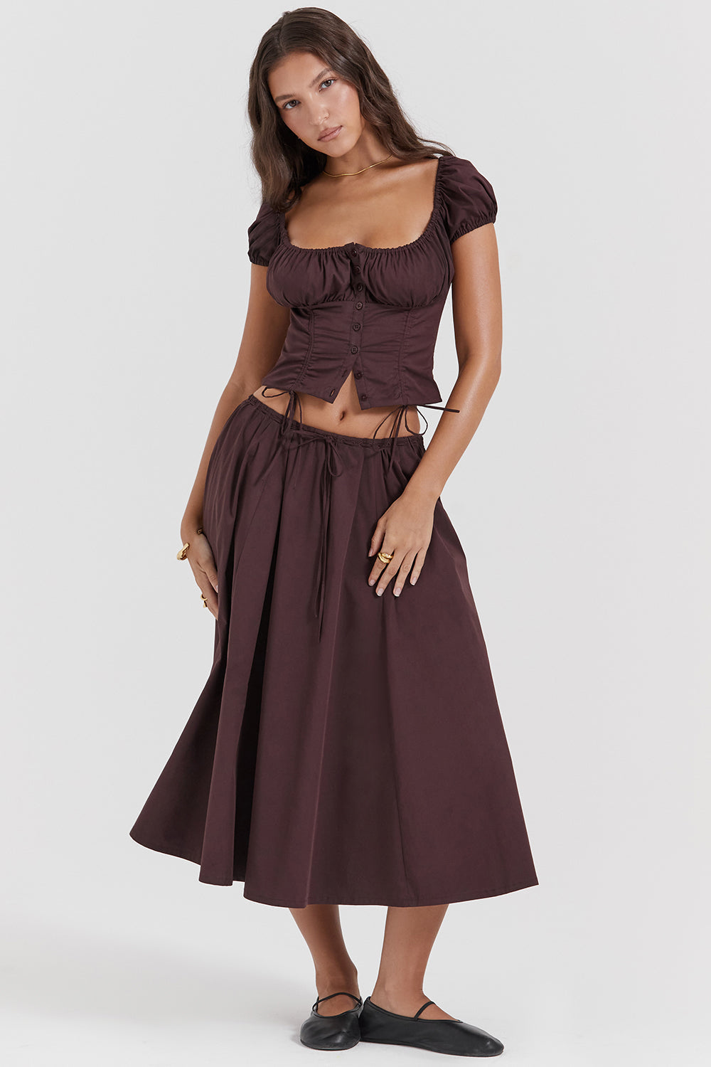 Bayla Two-Piece Set | Women’s Rich Brown Ruffle Top and Midi Skirt with Feminine Flow