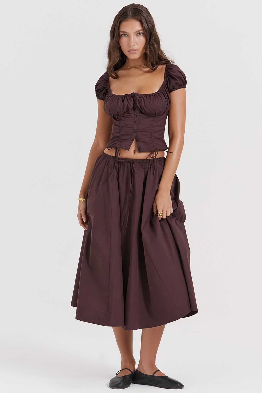 Bayla Two-Piece Set | Women’s Rich Brown Ruffle Top and Midi Skirt with Feminine Flow