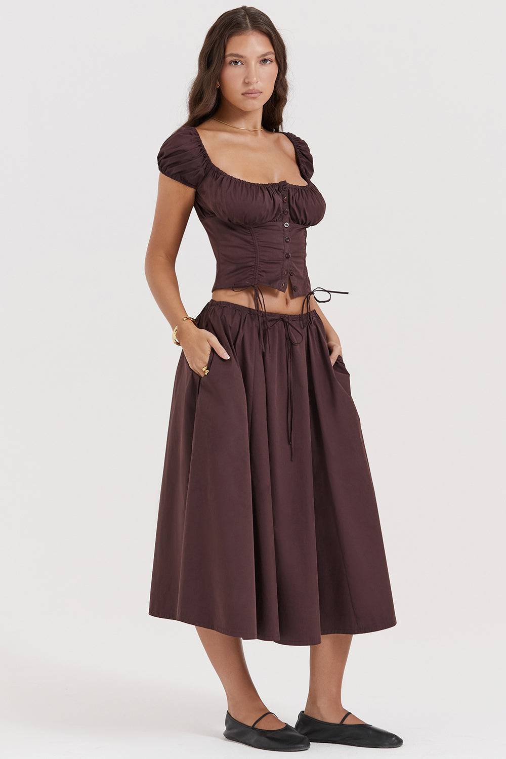 Bayla Two-Piece Set | Women’s Rich Brown Ruffle Top and Midi Skirt with Feminine Flow