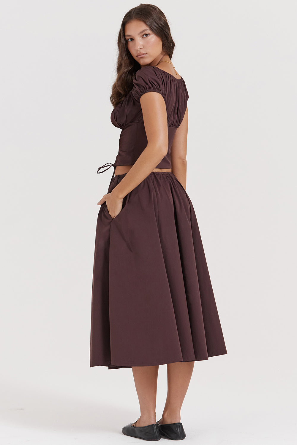 Bayla Two-Piece Set | Women’s Rich Brown Ruffle Top and Midi Skirt with Feminine Flow