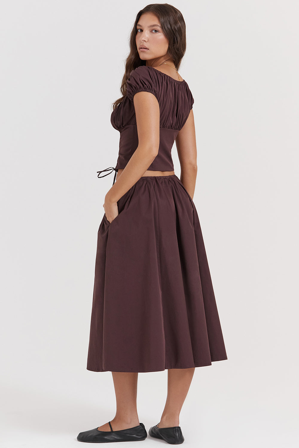 Bayla Two-Piece Set | Women’s Rich Brown Ruffle Top and Midi Skirt with Feminine Flow
