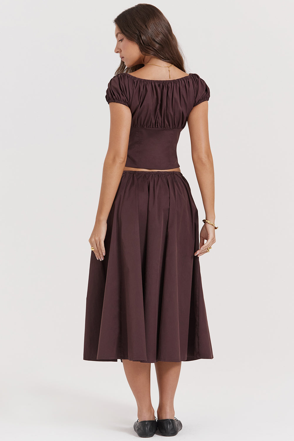 Bayla Two-Piece Set | Women’s Rich Brown Ruffle Top and Midi Skirt with Feminine Flow