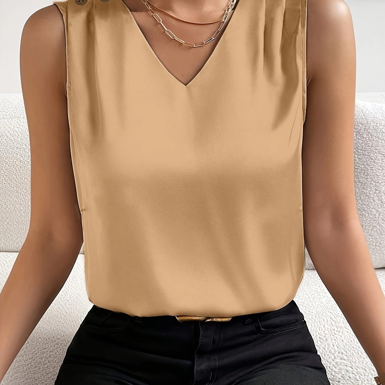 Belloura Summer Top | Sleeveless V-Neck Button Detail Blouse for Women