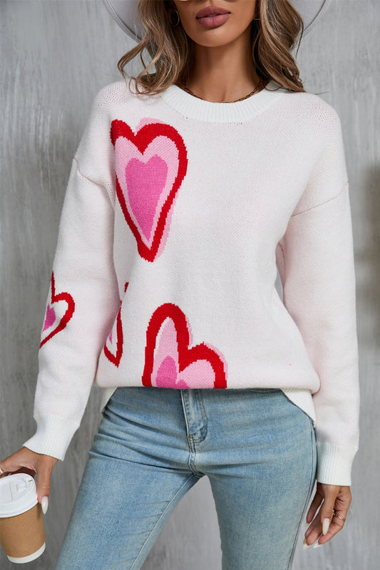 Fayruz Sweater | Heart Print Round Neck Sweater