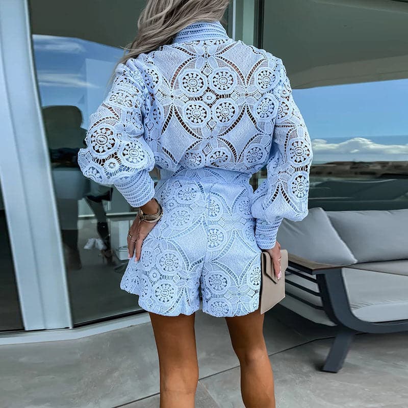 Drisella Two-Piece Set | Embroidered Lace Crop Top with Matching High-Waisted Shorts