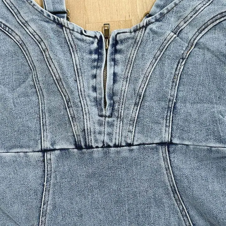 Cyrith Mini Dress | Denim Bodycon Mini Dress with Tank Straps and Side Slit for Women