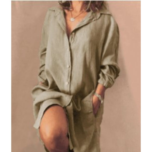 Dravina Long Blouse | Women's White Linen Longline Shirt with Button Front