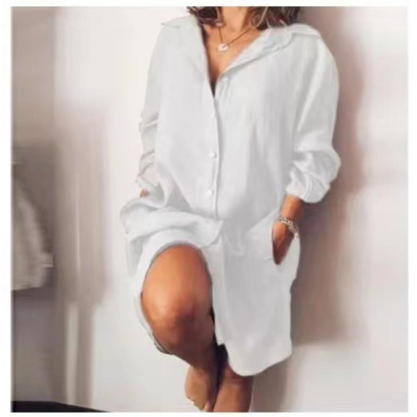 Dravina Long Blouse | Women's White Linen Longline Shirt with Button Front